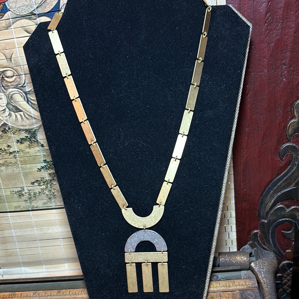 Gold Tone Metal Geometric Link Necklace 21.5”L Earthy Tribal Boho Evc Signed M